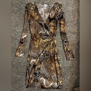 Cache Long Sleeve Paisley Dress in Brown and Black